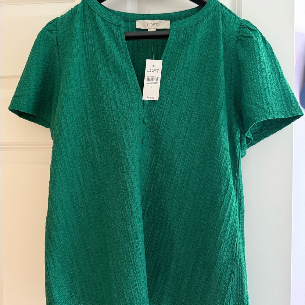 LOFT Green Ribbed Mandarin Collar Blouse